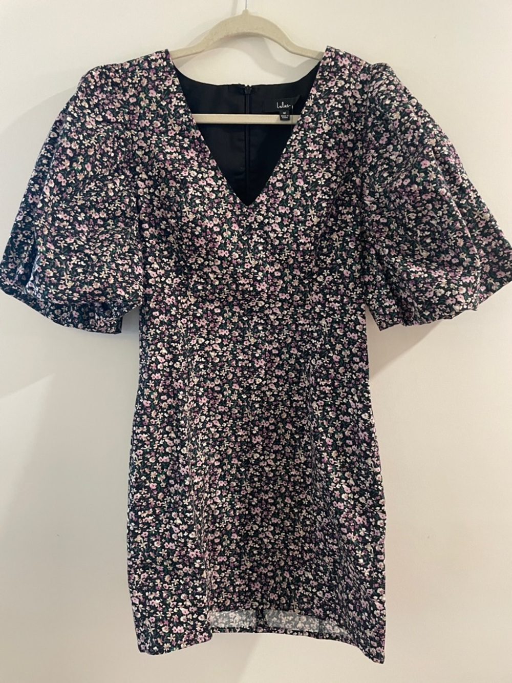 Lulu's Black Floral V-Neck Mini Dress with Pink & White Blooms